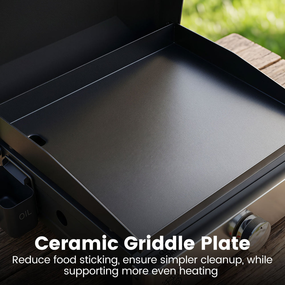 Ceramic griddle plate for the 1-burner portable gas griddle, ensuring even heating and easier cleanup while cooking outdoors.