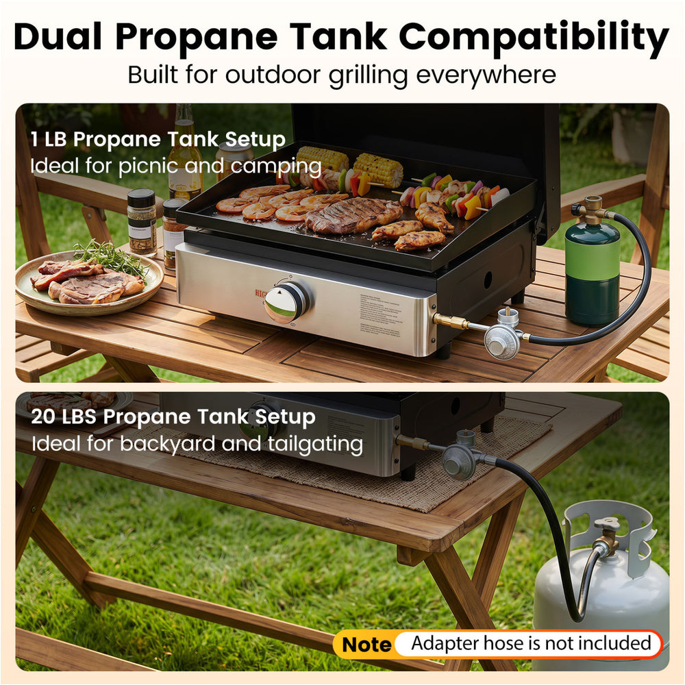 1-burner portable gas griddle with lid features a non-stick ceramic plate, ideal for outdoor grilling and easy cleanup.