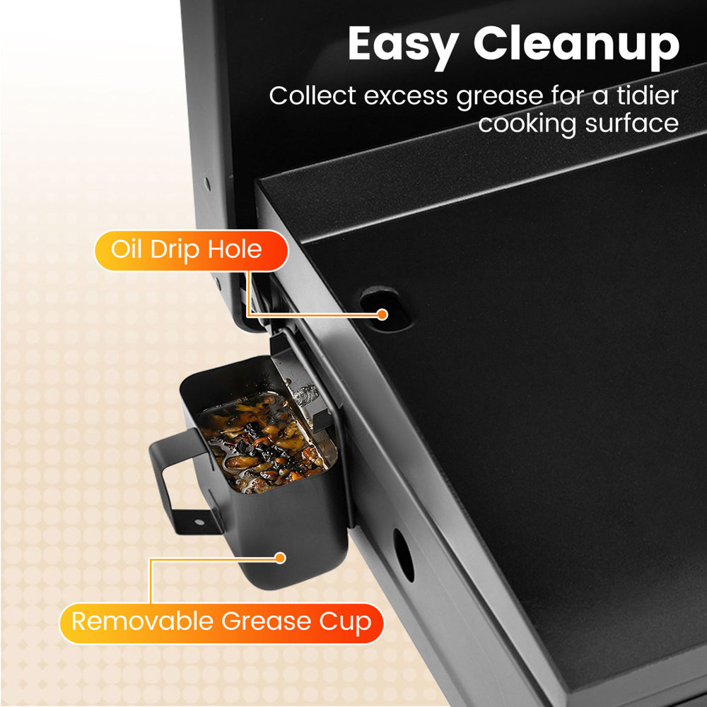 Grease cup collects excess grease for easy cleanup on the 1-burner portable gas griddle with a non-stick ceramic plate.