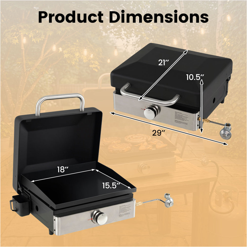 Portable gas griddle with lid features a non-stick ceramic plate, measuring 29 x 21 x 10.5 inches for outdoor cooking.
