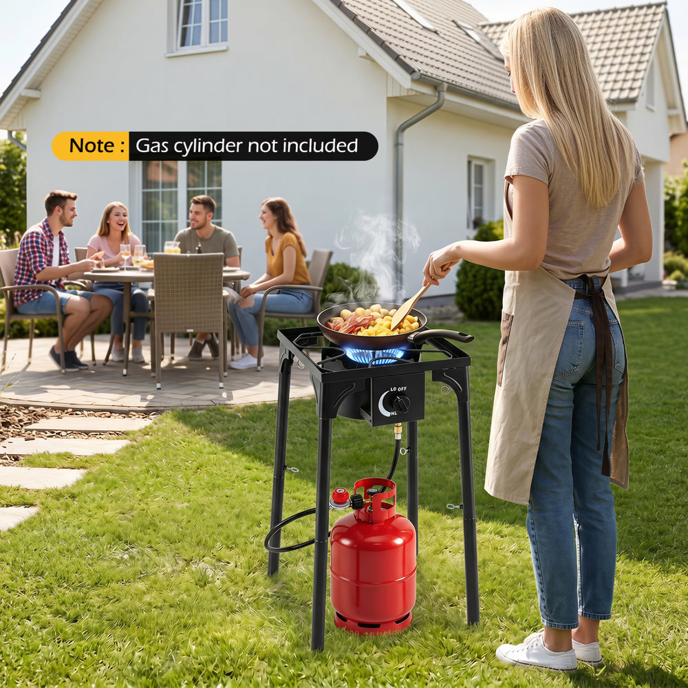 1 Burner propane stove with adjustable regulator, 80000 BTU output, ideal for outdoor cooking and family gatherings.