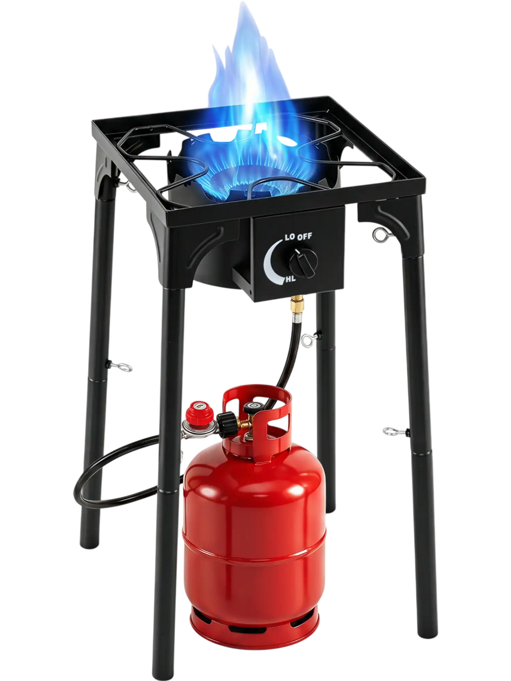 1 Burner propane stove with 80000 BTU, adjustable regulator, and hose for outdoor cooking, camping, and BBQ.