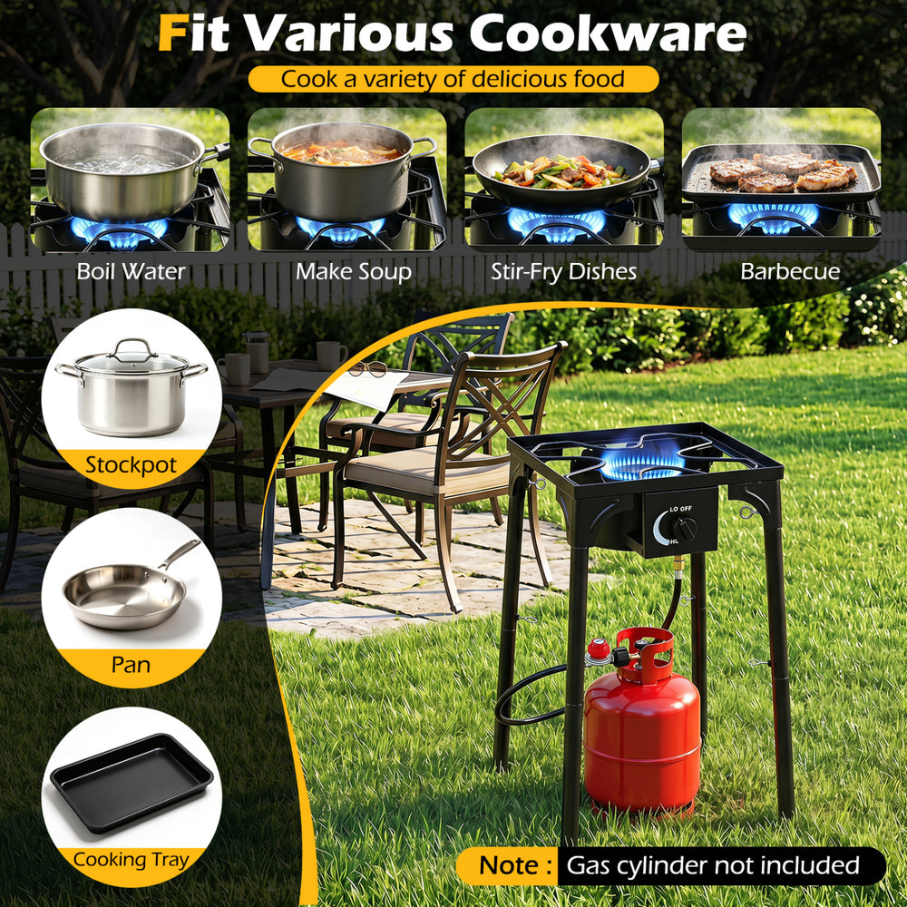 1 Burner propane stove with 80000 BTU, adjustable regulator, and hose, perfect for camping and outdoor cooking.