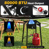 1 Burner propane stove with 80000 BTU heat output, adjustable regulator, and hose for outdoor cooking and camping.
