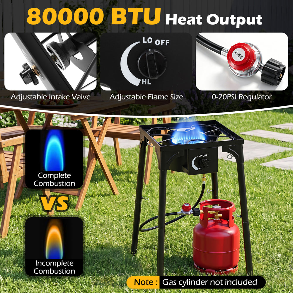 1 Burner propane stove with 80000 BTU heat output, adjustable regulator, and hose for outdoor cooking and camping.