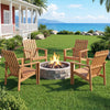 Acacia wood outdoor patio chair with slatted backrest, placed around a fire pit in a scenic garden setting.