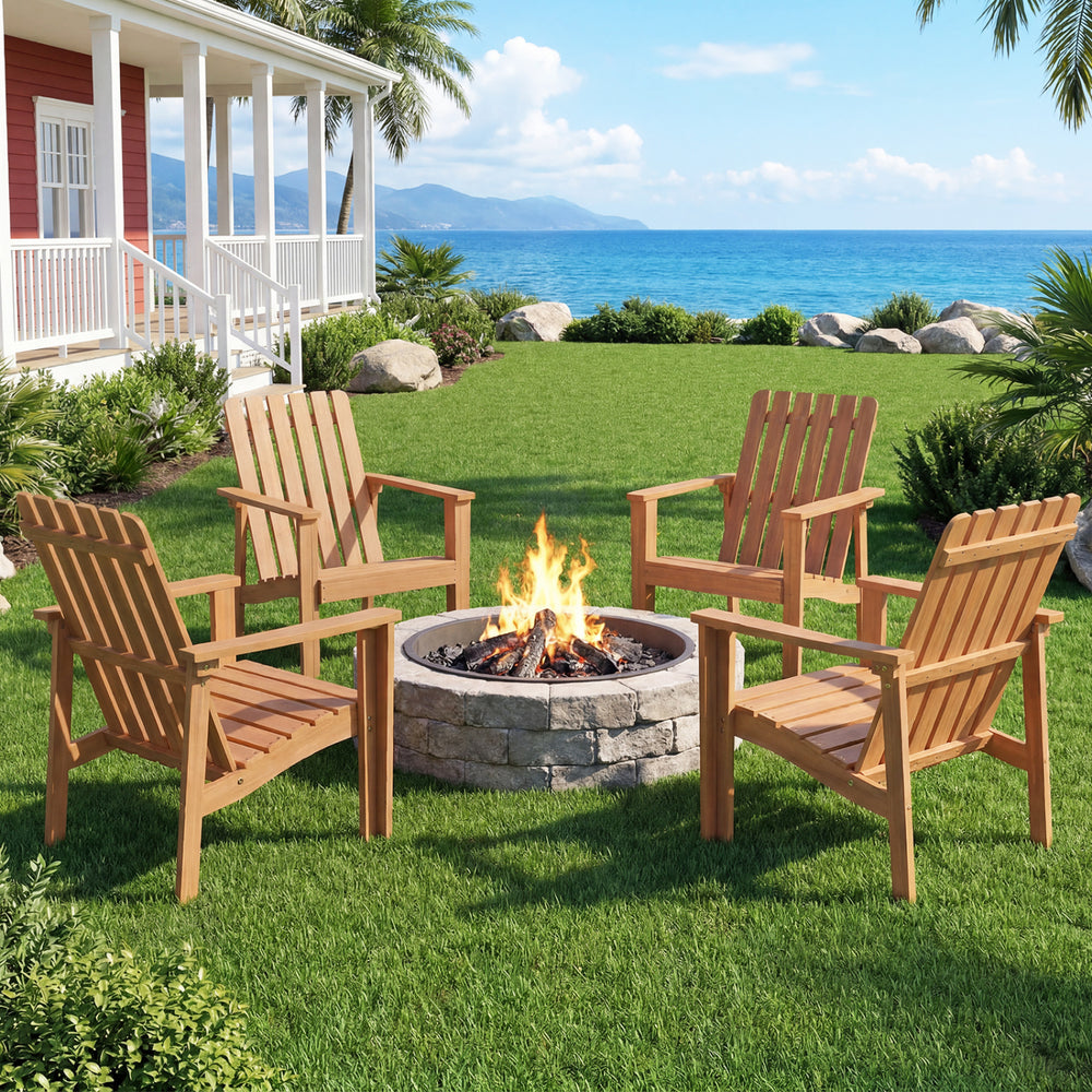 Acacia wood outdoor patio chair with slatted backrest, placed around a fire pit in a scenic garden setting.