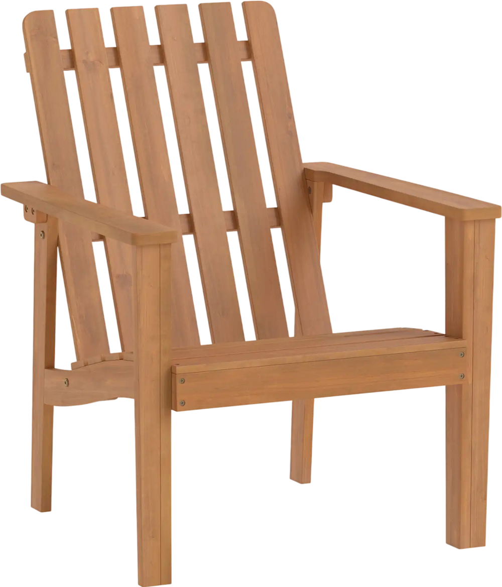 Acacia wood outdoor patio chair with slatted backrest and built-in armrests, perfect for outdoor relaxation.