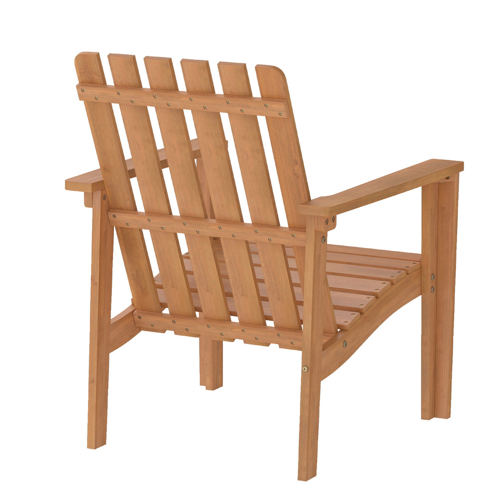 Acacia wood outdoor patio chair with slatted backrest and built-in armrests, shown from the back view.