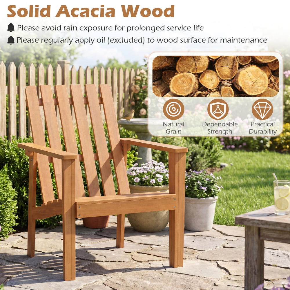Acacia wood outdoor patio chair with slatted backrest and armrests, showcasing natural grain and durable design.