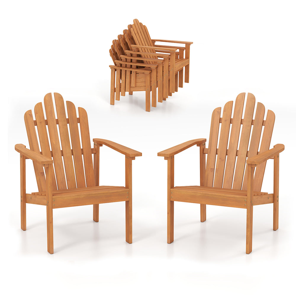Stackable Adirondack chairs made of solid acacia wood, perfect for patio seating and outdoor relaxation.