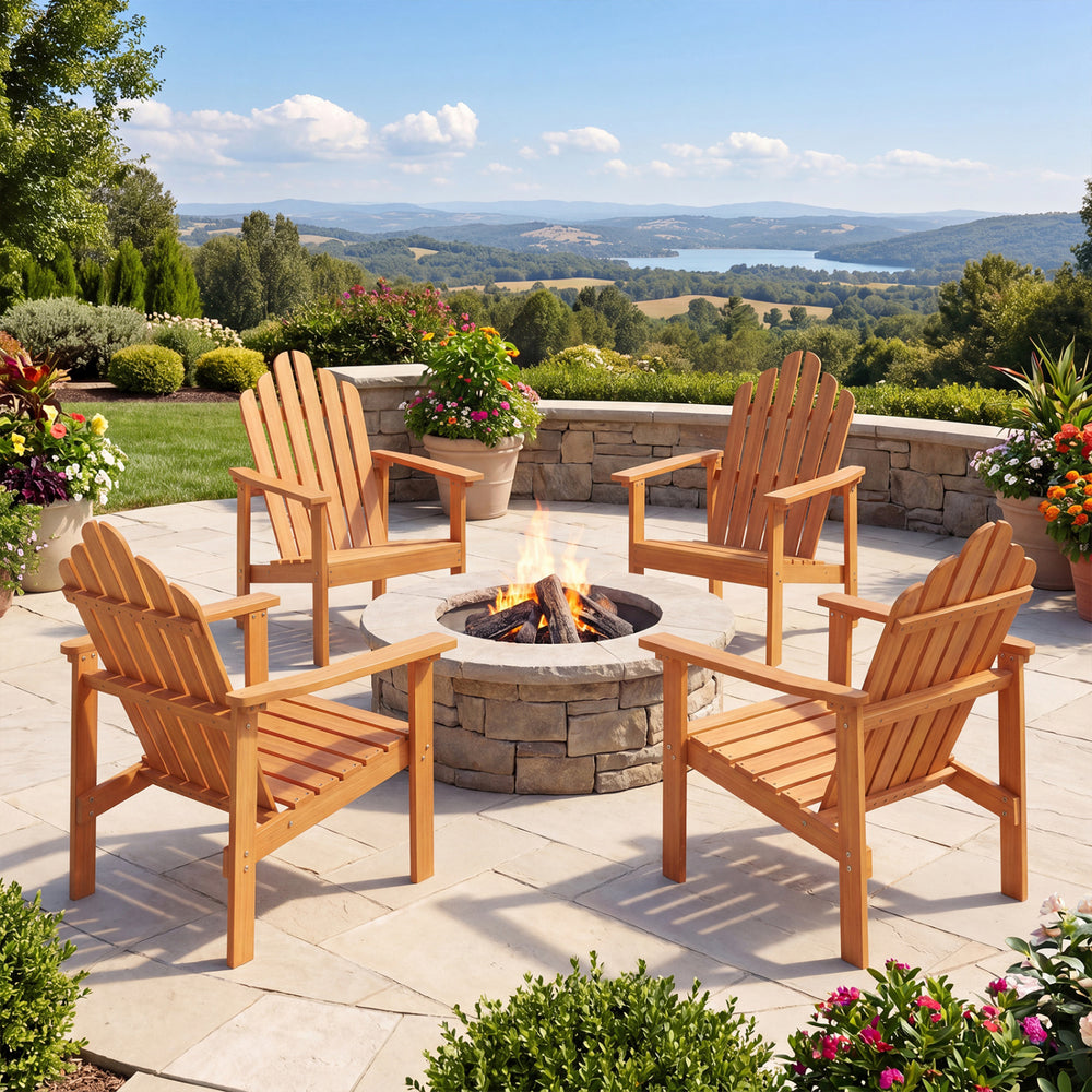 Stackable Adirondack chair made of solid acacia wood, perfect for patio gatherings around a fire pit.