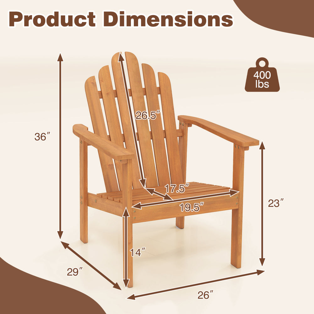 Dimensions of a stackable Adirondack chair made of solid acacia wood, designed for patio use, supports 400 lbs.