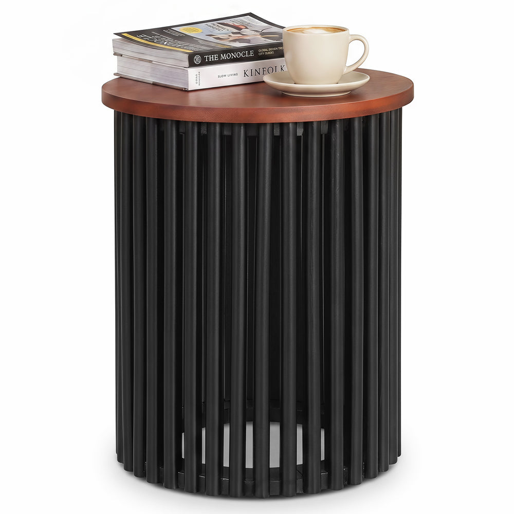 Elegant round coffee table made of solid acacia wood, featuring a walnut finish and modern design for living rooms.