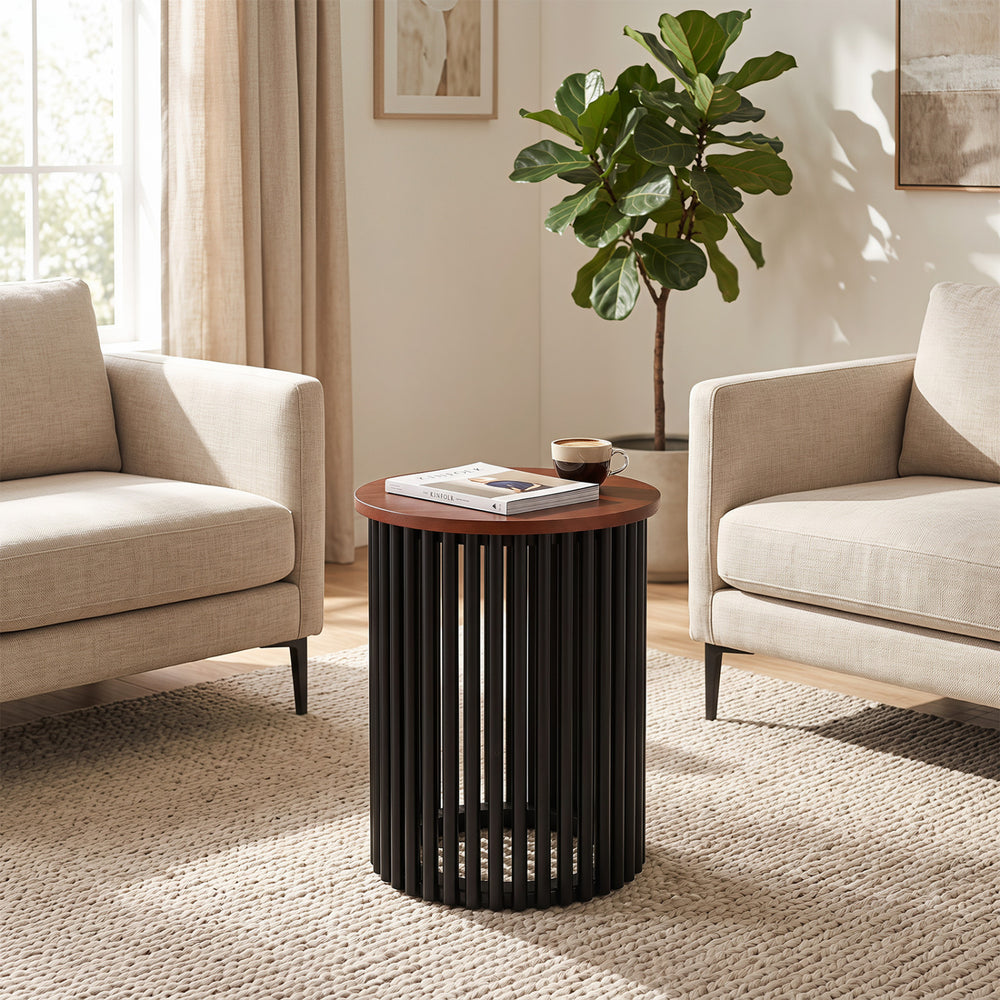 Elegant round coffee table made of solid acacia wood with a walnut finish, perfect for living room or home office use.