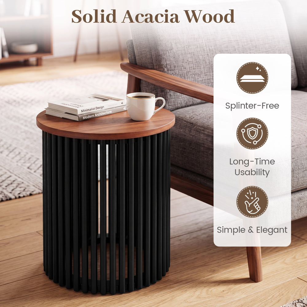 Elegant round coffee table made of solid acacia wood, featuring a modern design and round edges for enhanced safety.