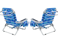 Two navy foldable beach chairs with cup holders and storage pockets, set against a serene ocean backdrop.
