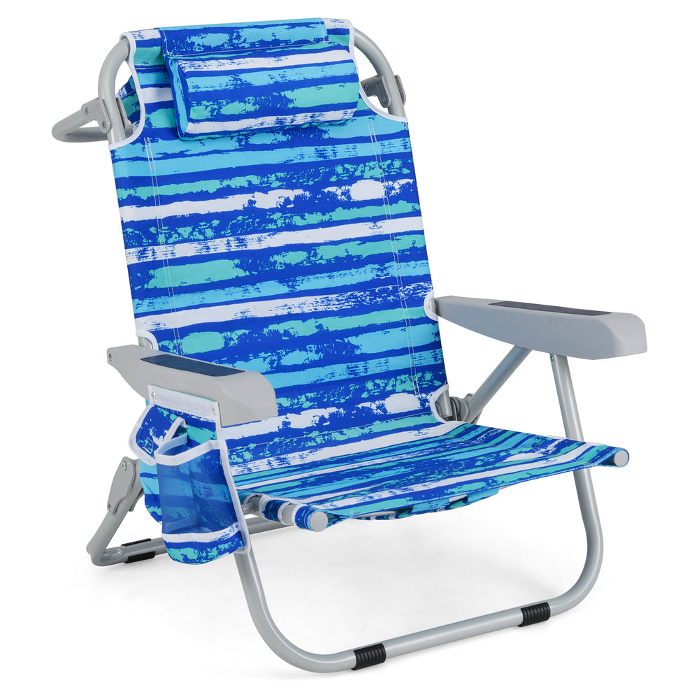 Foldable backpack beach chair in blue stripes with adjustable backrest, cup holder, and storage pockets for outdoor use.