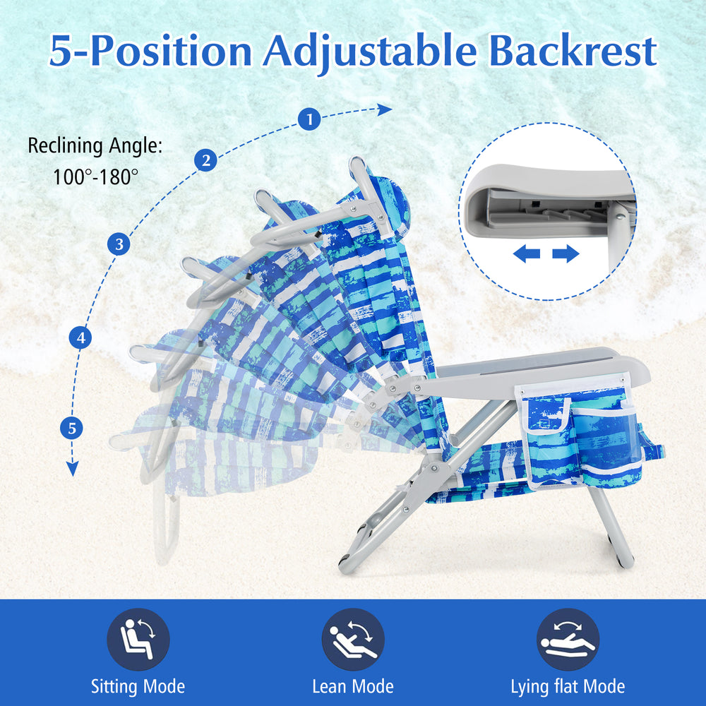 Adjustable backrest beach chair in navy with storage pockets, perfect for relaxing at the beach or poolside.