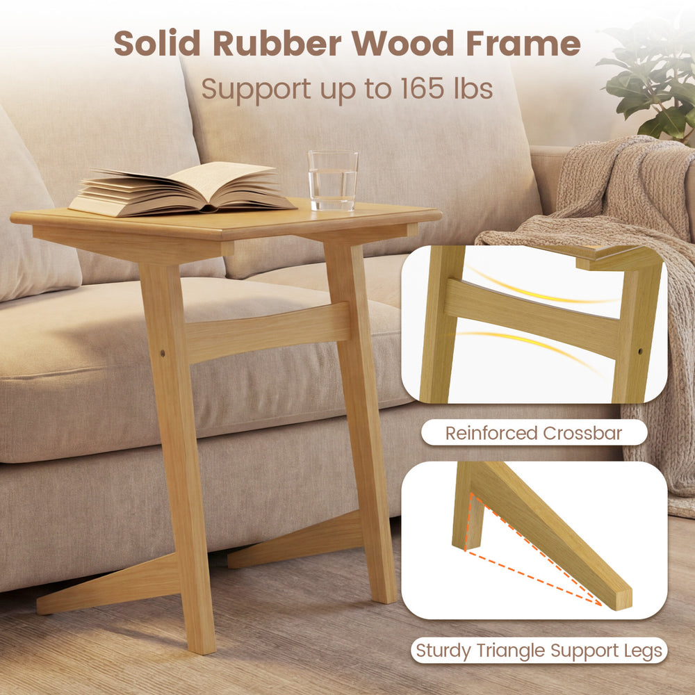 C-shaped wood side table with solid rubber wood frame, reinforced crossbar, and spacious tabletop for versatile use.