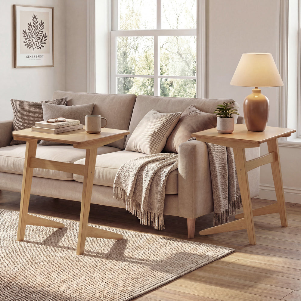 C-shaped wood side table with a veneered top, perfect for use beside a couch or bed, featuring sturdy rubber wood legs.