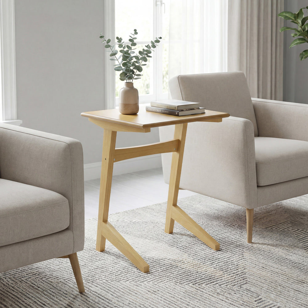 C-shaped wood side table with a veneered top, perfect for use beside a couch or armchair, supporting up to 165 lbs.