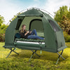 1-person folding camping tent cot in green with air mattress, sunshade, and mesh windows for outdoor comfort.