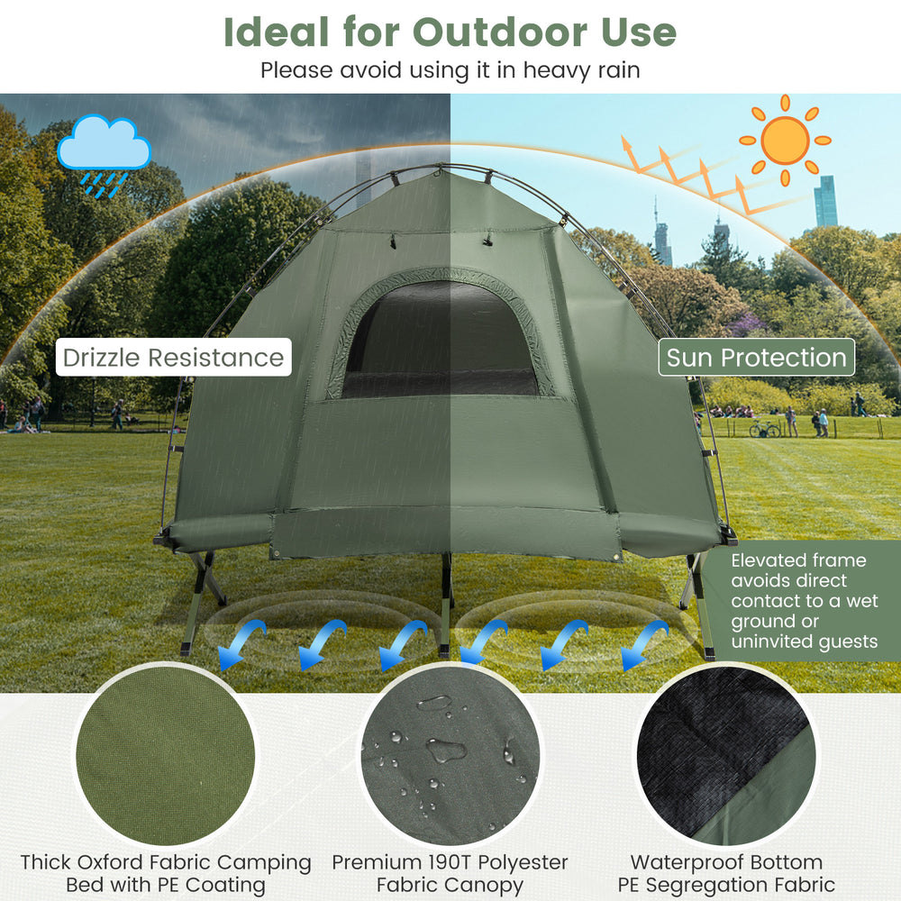 1-person folding camping tent cot with sunshade, durable 190T polyester, ideal for outdoor use and ventilation.