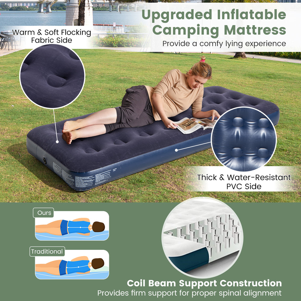 Single air mattress with coil beam support, featuring a soft flocking fabric side for camping comfort.