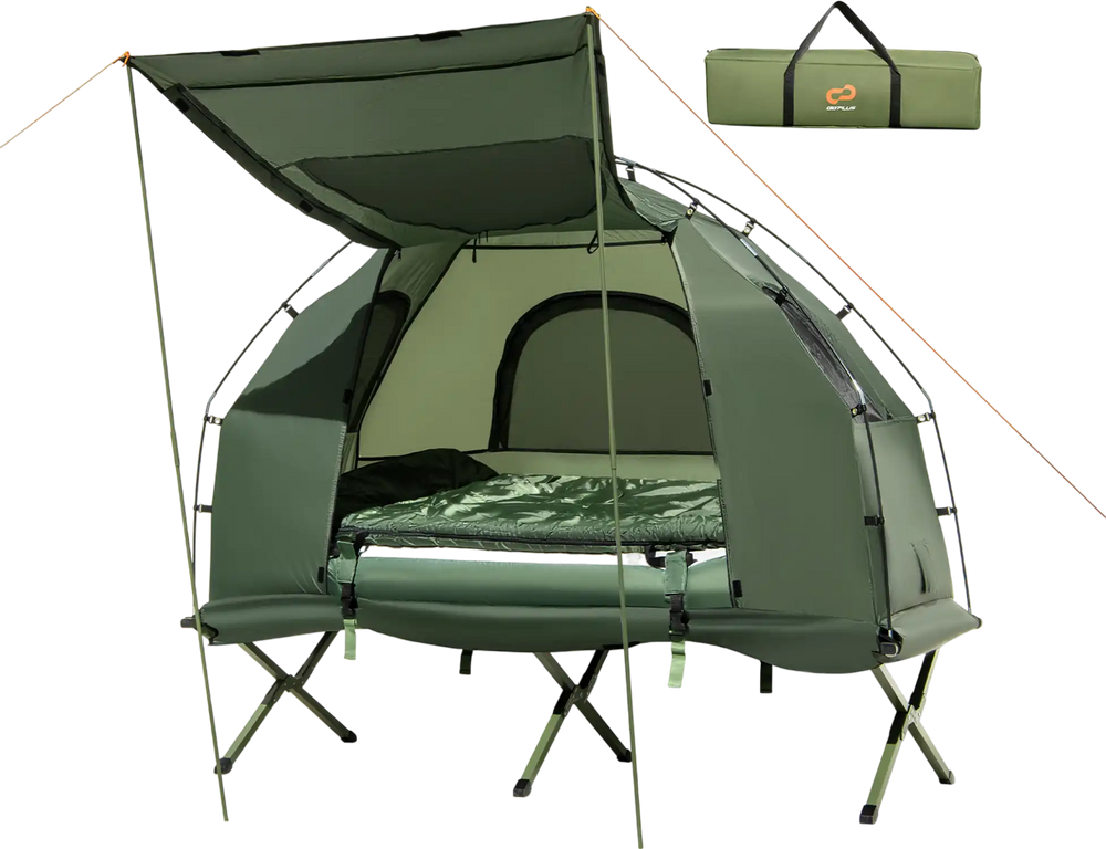 1-Person Folding Camping Tent with Sunshade and Air Mattress