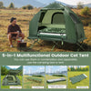 1-person folding camping tent cot with sunshade, air mattress, and sleeping bag for outdoor adventures.
