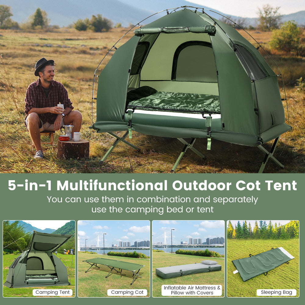 1-person folding camping tent cot with sunshade, air mattress, and sleeping bag for outdoor adventures.