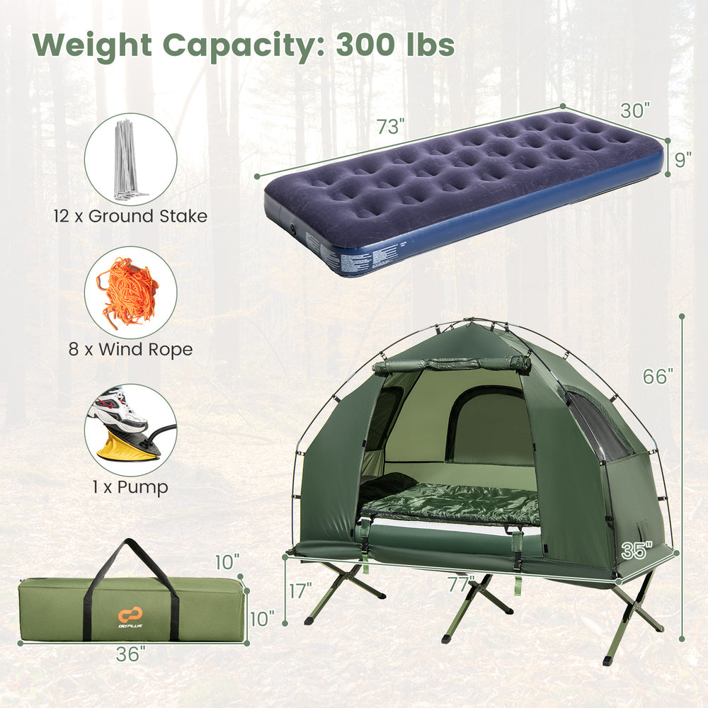 1-person folding camping tent with sunshade, air mattress, and accessories for outdoor adventures, featuring durable.
