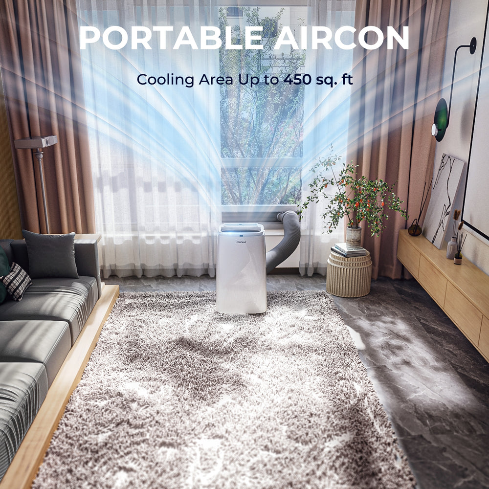 Portable air conditioner in a living room, cooling area up to 450 sq. ft., featuring remote control and multiple modes.