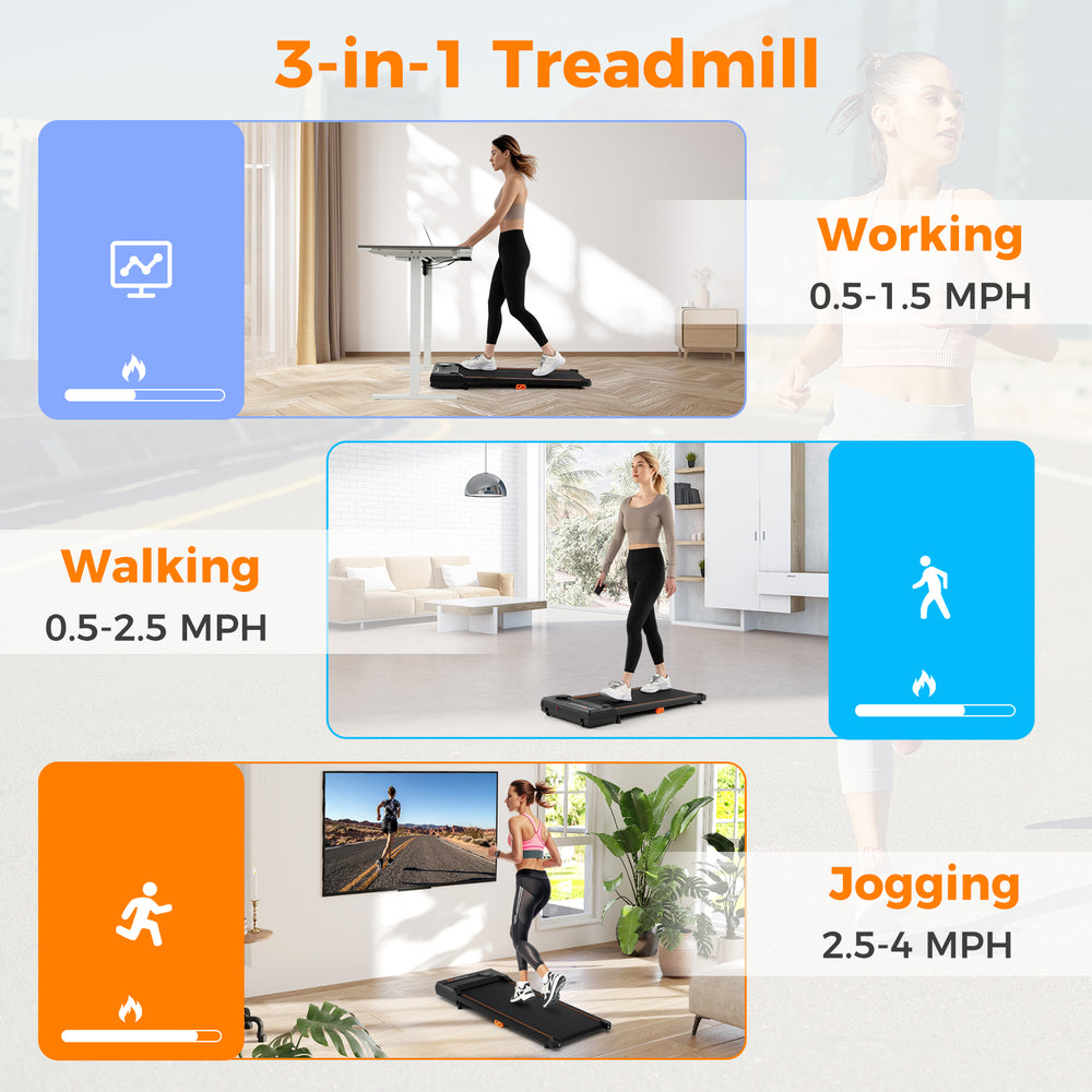 Under desk treadmill with remote control, featuring 2.5HP motor, 7-layer anti-slip belt, and compact design for home.