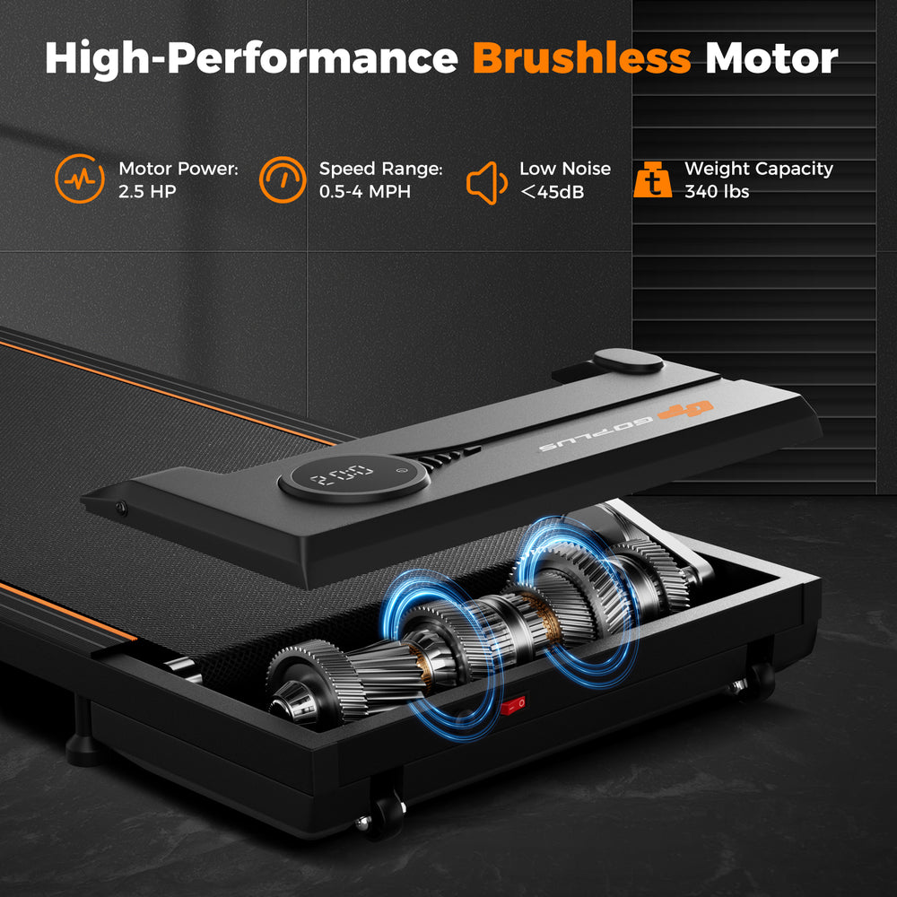 Under desk treadmill showcasing the 2.5HP brushless motor, designed for home office use, supporting up to 340 lbs.