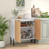 2-door buffet cabinet in white and natural wood, featuring enclosed shelves and metal legs for kitchen organization.