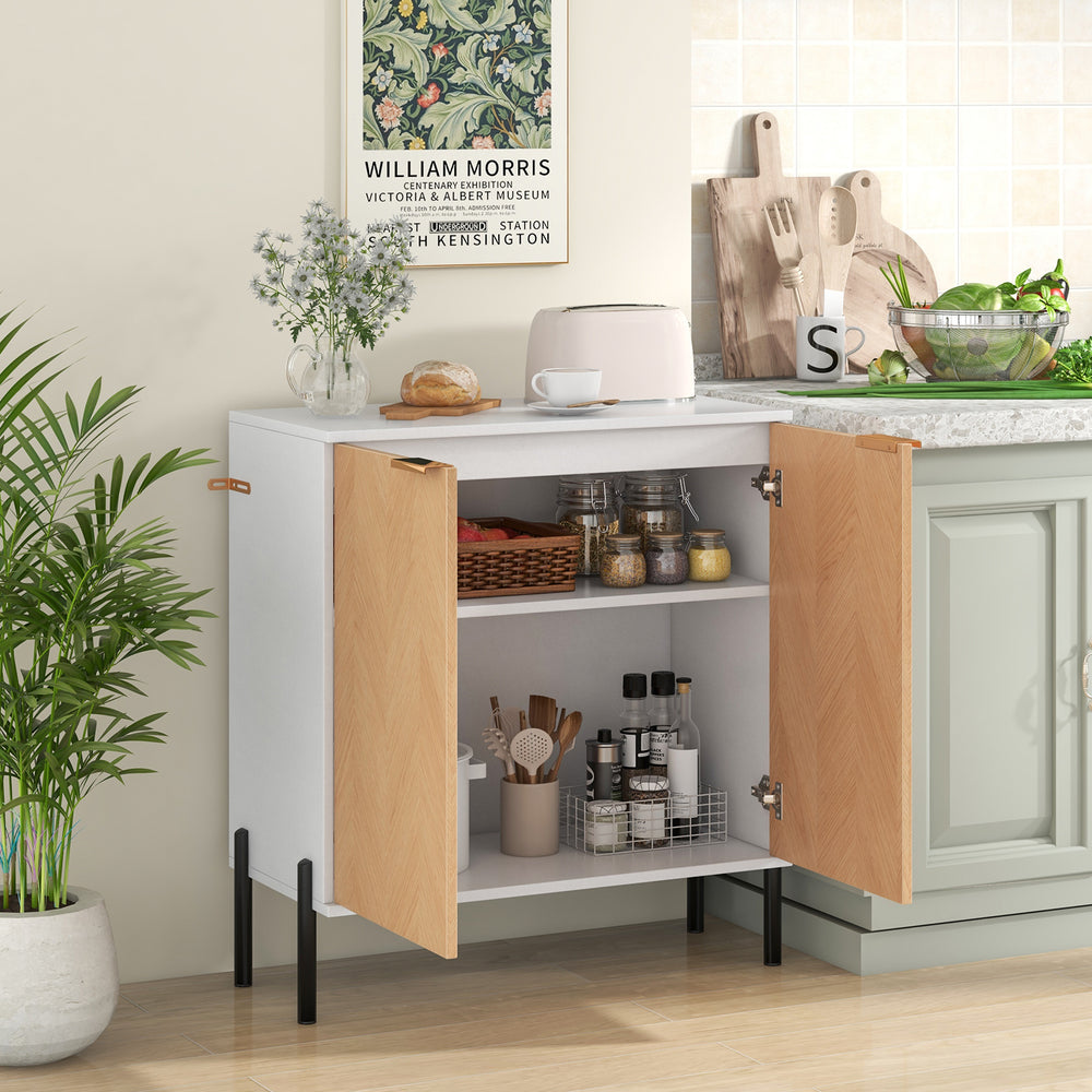 2-Door Buffet Cabinet Sideboard with Shelf and Metal Legs-White-Natural Wood - Gallery View 1 of 10
