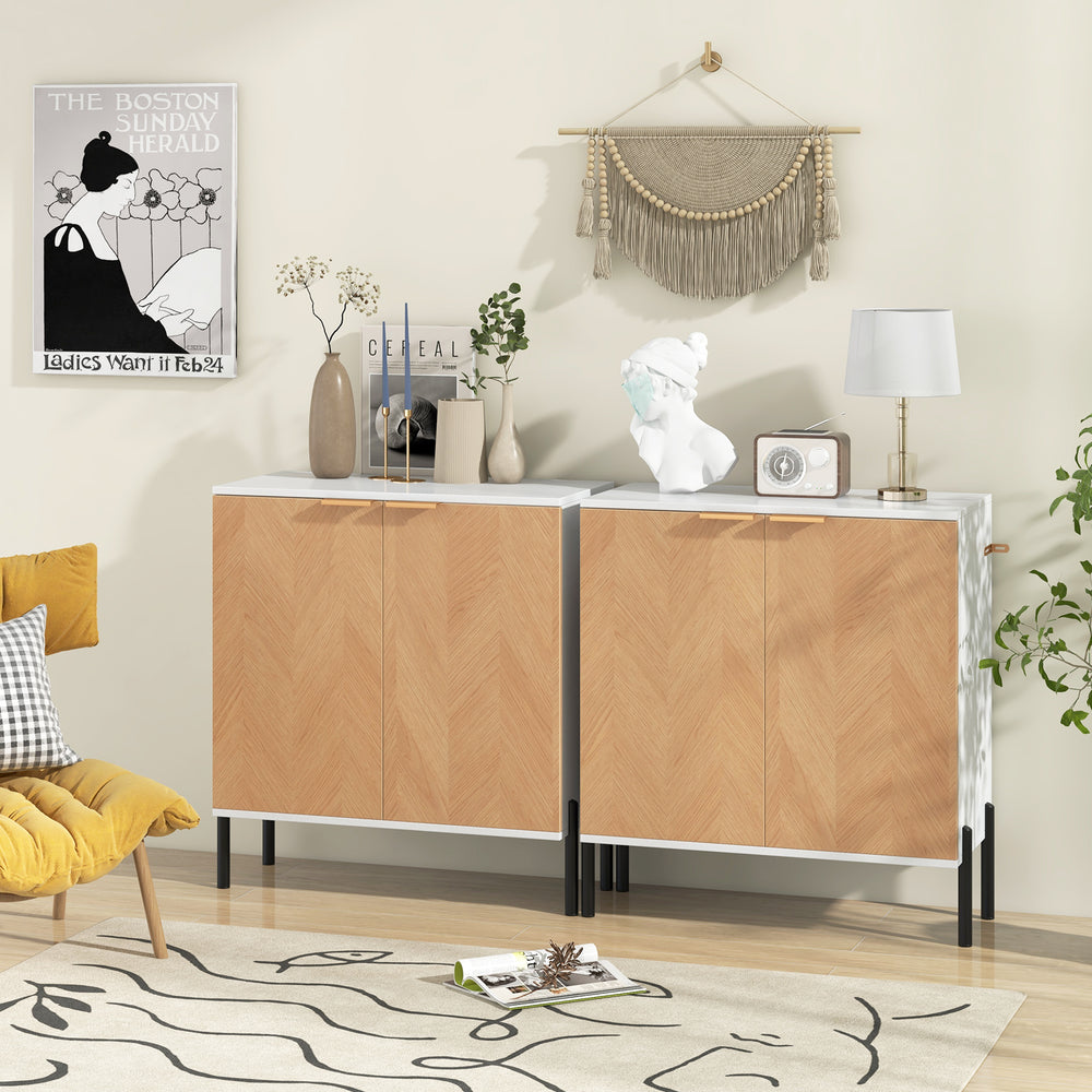 2-door buffet cabinet sideboard in white and natural wood with metal legs, ideal for organizing kitchenware and decor.
