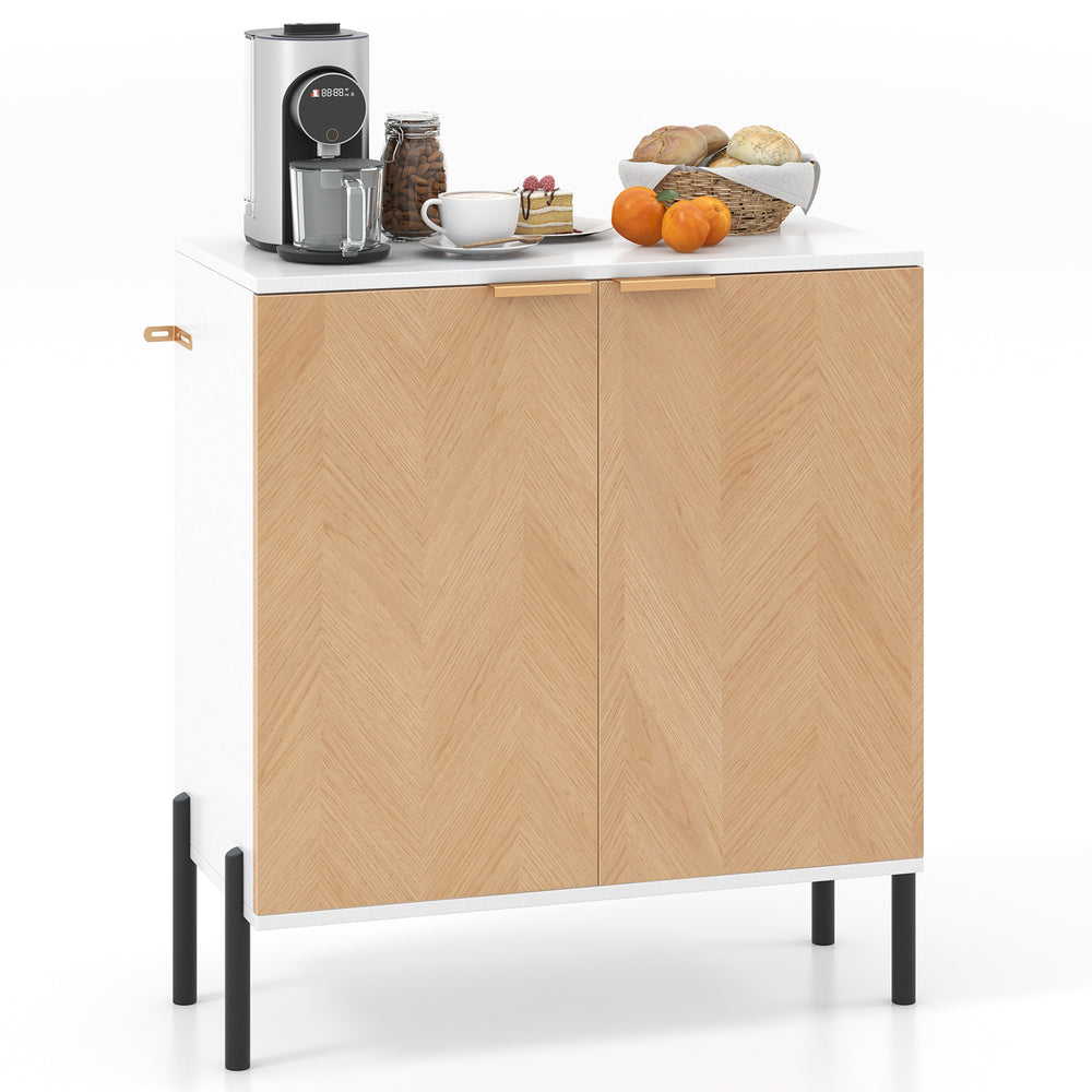 2-door buffet cabinet sideboard in white and natural wood, featuring metal legs and a spacious top for decor display.