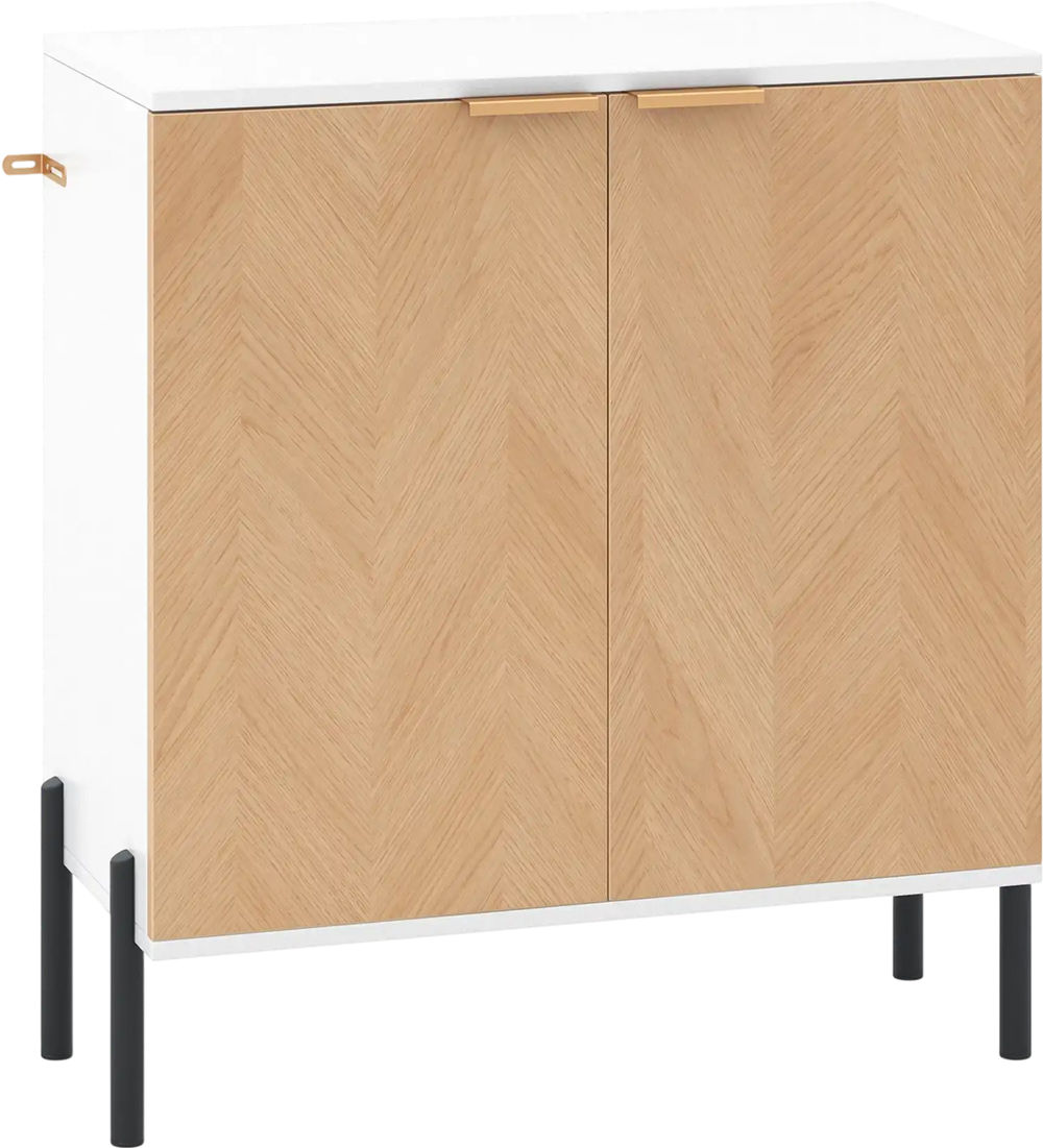 2-door buffet cabinet sideboard in white and natural wood, featuring metal legs and enclosed shelves for versatile.
