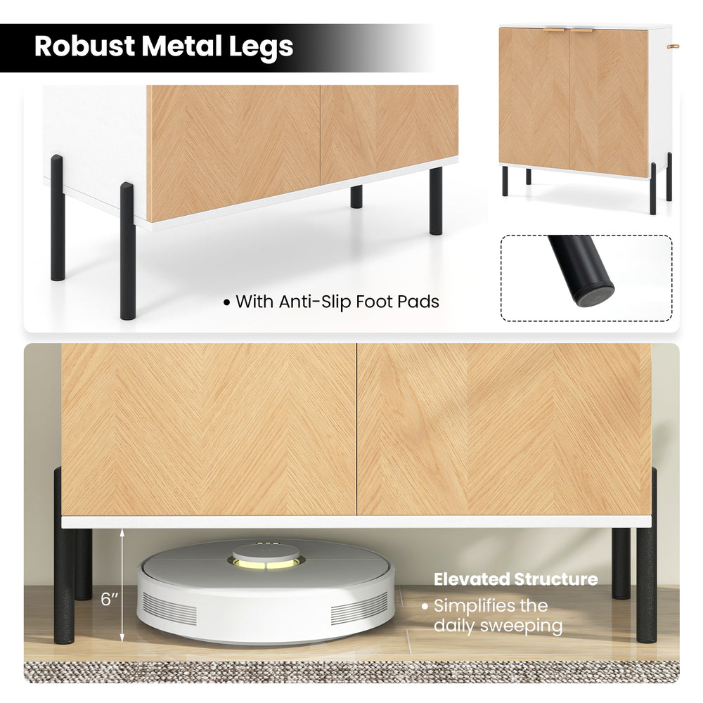 Buffet cabinet with white finish and natural wood, featuring robust metal legs and elevated structure for easy cleaning.