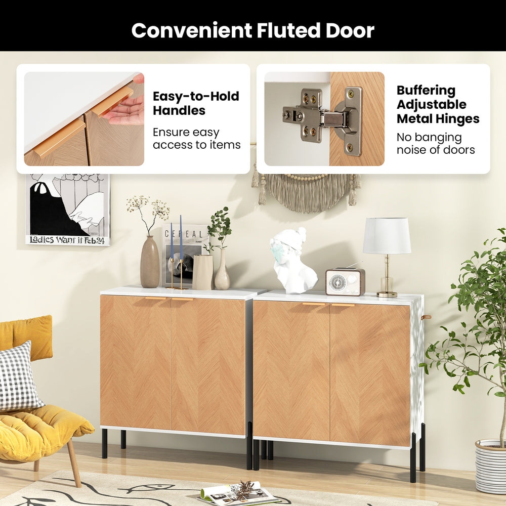 2-door buffet cabinet sideboard in white and natural wood with easy-to-hold handles and buffering adjustable hinges.