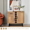 2-door buffet sideboard in oak finish with 6-bottle wine rack and pull-out drawer, ideal for mid-century modern decor.