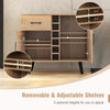 Removable and adjustable shelves in a 2-door buffet sideboard with a 6-bottle wine rack for customized storage.