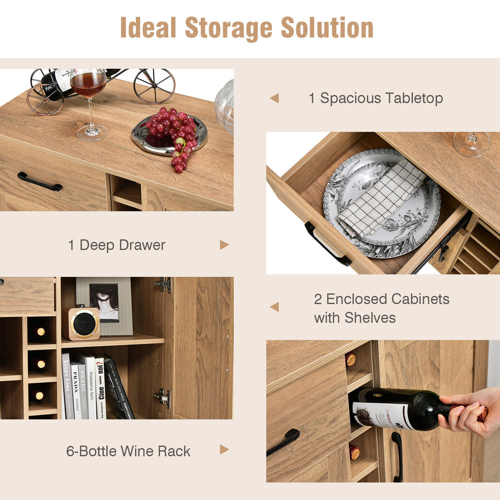 Buffet sideboard featuring a spacious tabletop, 6-bottle wine rack, and a deep drawer for versatile storage solutions.
