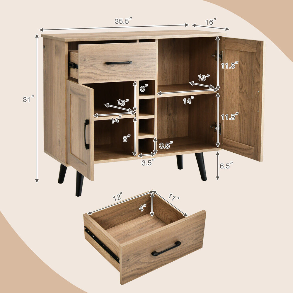 2-door buffet sideboard with adjustable shelves, 6-bottle wine rack, and pull-out drawer for versatile storage.