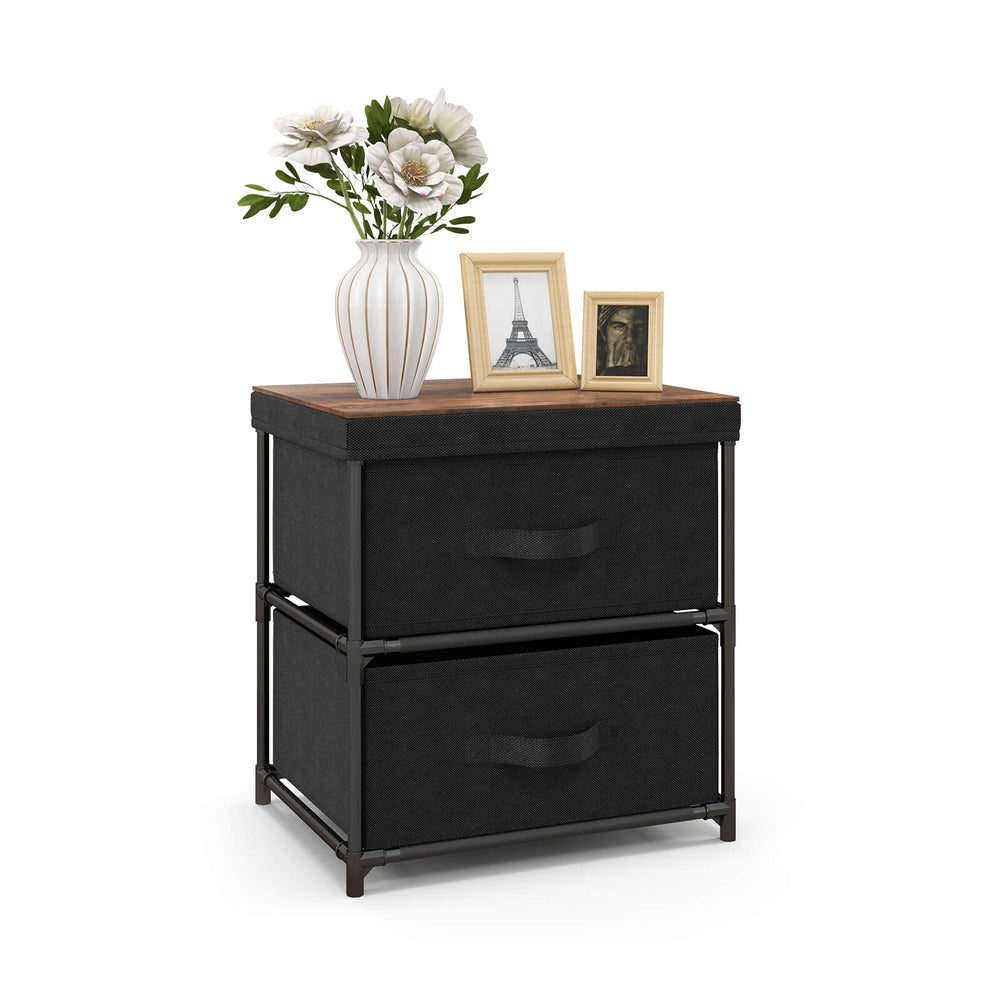 2-drawer nightstand in black with removable fabric bins, featuring a wooden top, ideal for bedroom or office storage.