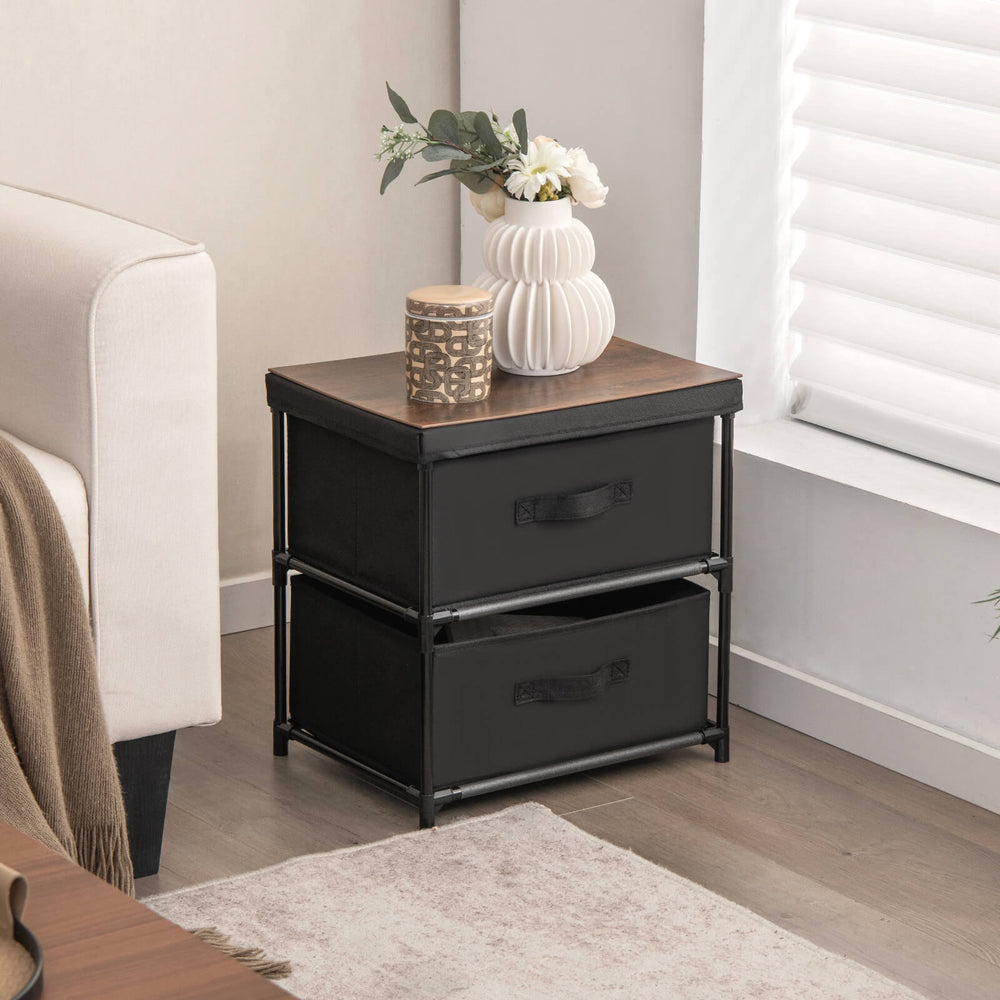 2-drawer nightstand in black with removable fabric bins, perfect for stylish storage in bedroom or living room.