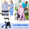 Folding aluminum rollator walker in blue with 8-inch wheels, adjustable height, and a seat for comfortable relaxation.
